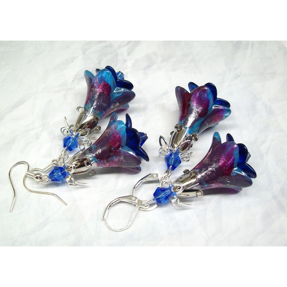 Boho Floral Dangle Earrings, Hand Painted, Blue, Silver, Flower Jewelry, Artisan